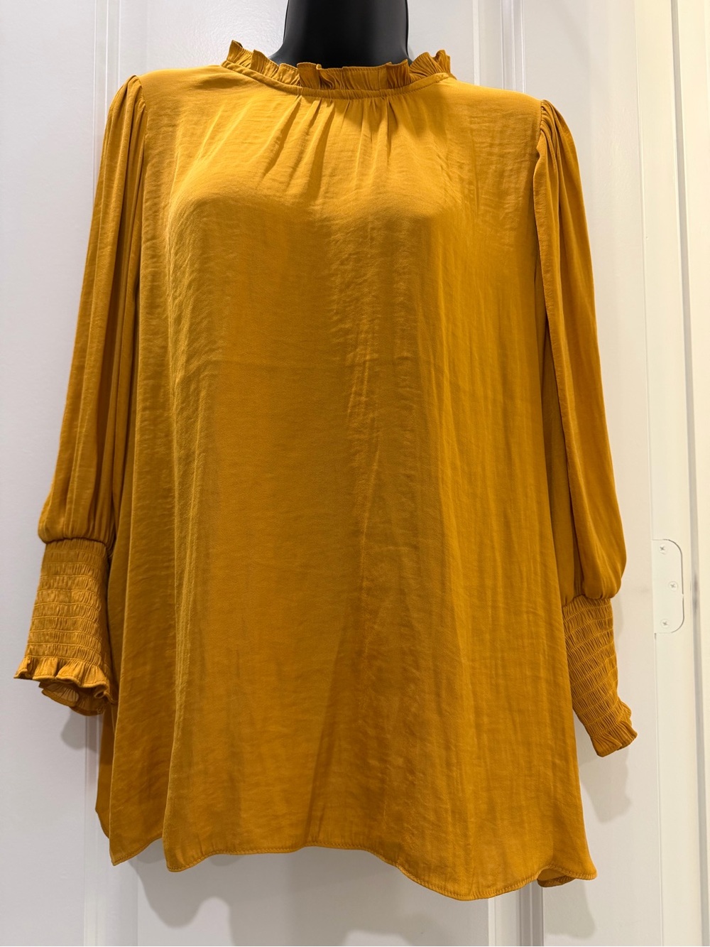 Impressions Mustard Satin Ruffle Neck Balloon Sleeve Blouse L